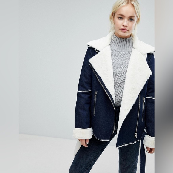 J.O.A Denim Biker Jacket With Faux Shearling Lining Women’s Size Small - Picture 4 of 9